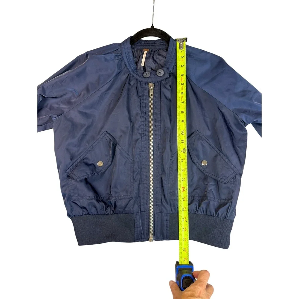 Free People Navy Blue Satin Bomber Jacket Full Zip Ribbed Trim XS